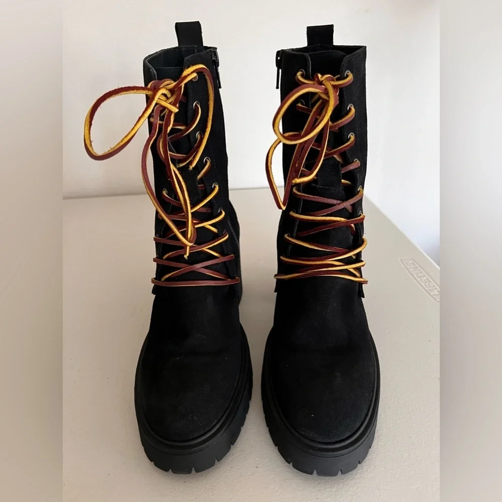 Free People Dylan Lace Up Chunky Mid Calf Suede Boots Black Women’s Size 8.5 - Picture 6 of 9